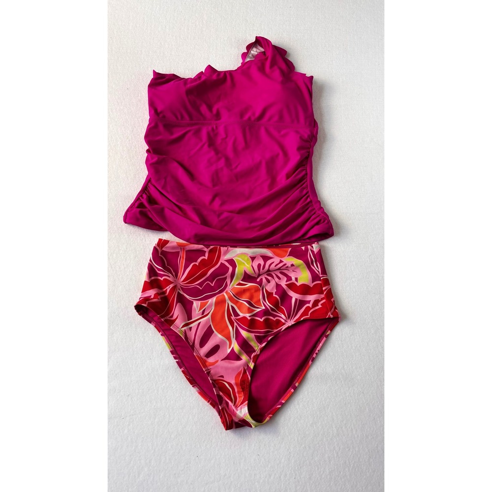 Beachsissi Hot Pink One Shoulder Tankini Top Old Navy High Waist Floral Bottoms